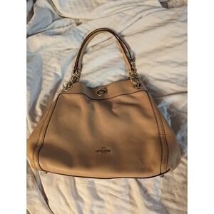 Tan leather Coach purse handbag bag turn lock chain accent